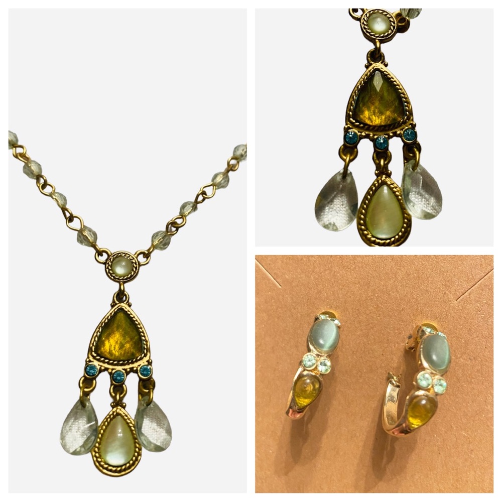 1928 Peridot and Sage Green Victorian Style Necklace w Matching Hoop Earrings